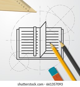 Vector blueprint notebook icon on engineer and architect background