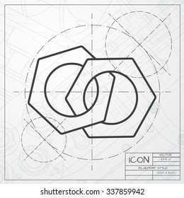 Vector blueprint of nut icon on engineer or architect background 