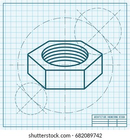 Vector blueprint nut icon on engineer and architect background 