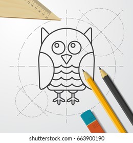 Vector blueprint owl icon on engineer and architect background 