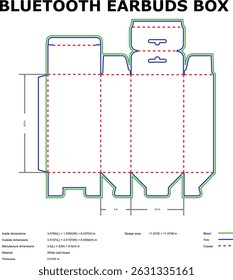 Vector blueprint packaging template for bluetooth earbuds with dimensions for die cut manufacturing