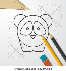 Vector blueprint panda icon on engineer and architect background