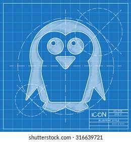 Vector blueprint penguin icon on engineer or architect background.  