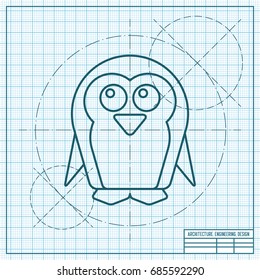 Vector blueprint penguin icon on engineer and architect background 