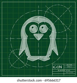Vector blueprint penguin icon on engineer and architect background  