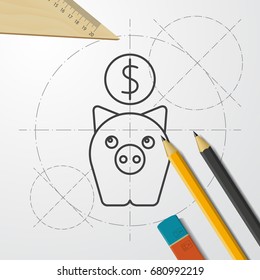 Vector blueprint pig moneybox icon on engineer and architect background. Business collection 