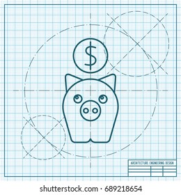 Vector blueprint pig moneybox icon on engineer and architect background. Business collection 