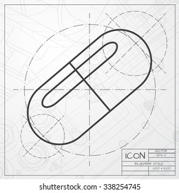 Vector blueprint of pill icon on engineer or architect background 