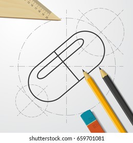 Vector blueprint pill icon on engineer and architect background 