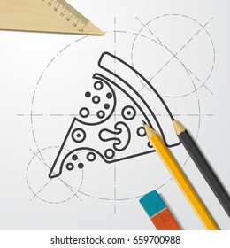 Vector blueprint pizza icon on engineer and architect background 