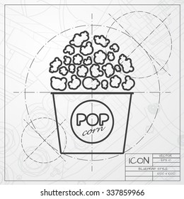 Vector blueprint of pop corn icon on engineer or architect background 