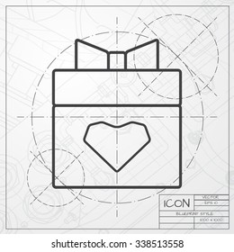 Vector blueprint of present heart icon on engineer or architect background 