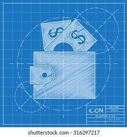 Vector blueprint purse icon on engineer or architect background.  