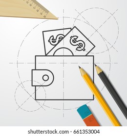 Vector blueprint purse icon on engineer and architect background 
