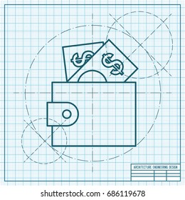 Vector blueprint purse icon on engineer and architect background 