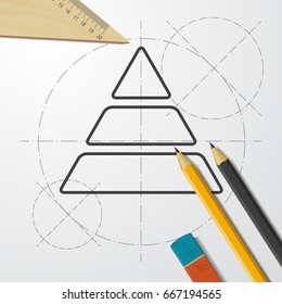 Vector blueprint pyramid icon on engineer and architect background 