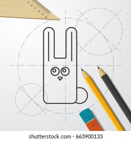 Vector blueprint rabbit icon on engineer and architect background 