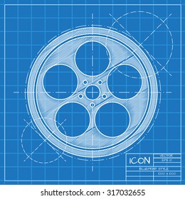 Vector blueprint retro bobbin icon on engineer or architect background.  