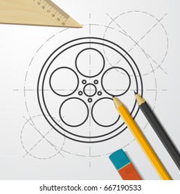 Vector blueprint retro bobbin icon on engineer and architect background 
