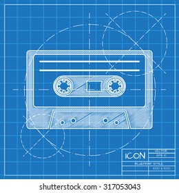 Vector blueprint retro cassette icon on engineer or architect background.  