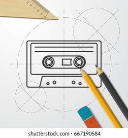 Vector blueprint retro cassette icon on engineer and architect background