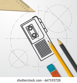 Vector blueprint retro dictaphone icon on engineer and architect background 