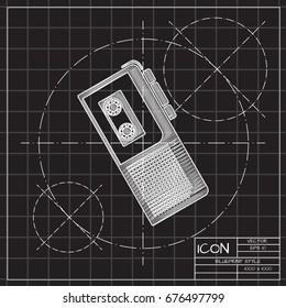 Vector blueprint retro dictaphone icon on engineer and architect background 