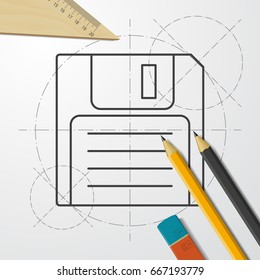 Vector blueprint retro floppy disk icon on engineer and architect background 