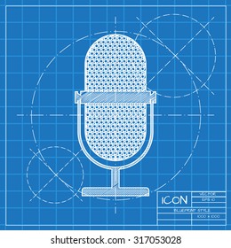 Vector blueprint retro microphone icon on engineer or architect background.  