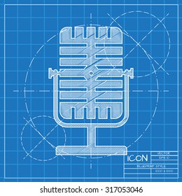 Vector blueprint retro microphone icon on engineer or architect background.  