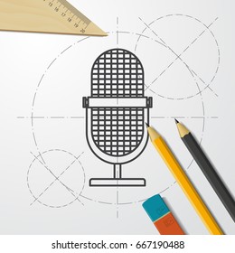 Vector blueprint retro microphone icon on engineer and architect background