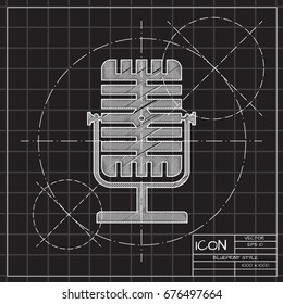 Vector blueprint retro microphone icon on engineer and architect background 