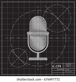 Vector blueprint retro microphone icon on engineer and architect background 