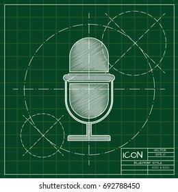 Vector blueprint retro microphone icon on engineer and architect background  