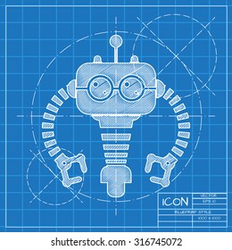 Vector blueprint retro robot toy icon on engineer or architect background.  