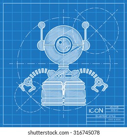 Vector blueprint retro robot toy icon on engineer or architect background.  