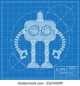 Vector blueprint retro robot toy icon on engineer or architect background.  