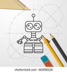 Vector blueprint retro robot toy icon on engineer and architect background