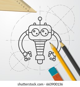 Vector blueprint retro robot toy icon on engineer and architect background 