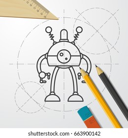 Vector blueprint retro robot toy icon on engineer and architect background