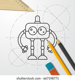Vector blueprint retro robot toy icon on engineer and architect background
