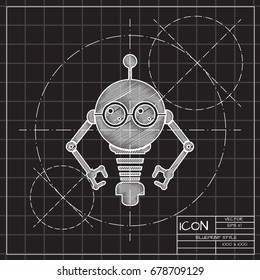 Vector blueprint retro robot toy icon on engineer and architect background 