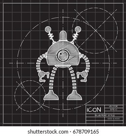Vector blueprint retro robot toy icon on engineer and architect background 