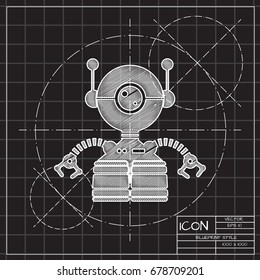 Vector blueprint retro robot toy icon on engineer and architect background 