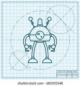 Vector blueprint retro robot toy icon on engineer and architect background 