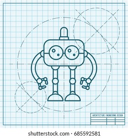 Vector blueprint retro robot toy icon on engineer and architect background 