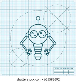 Vector blueprint retro robot toy icon on engineer and architect background 