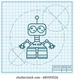 Vector blueprint retro robot toy icon on engineer and architect background 