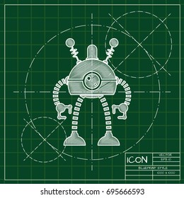 Vector blueprint retro robot toy icon on engineer and architect background  