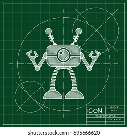 Vector blueprint retro robot toy icon on engineer and architect background  